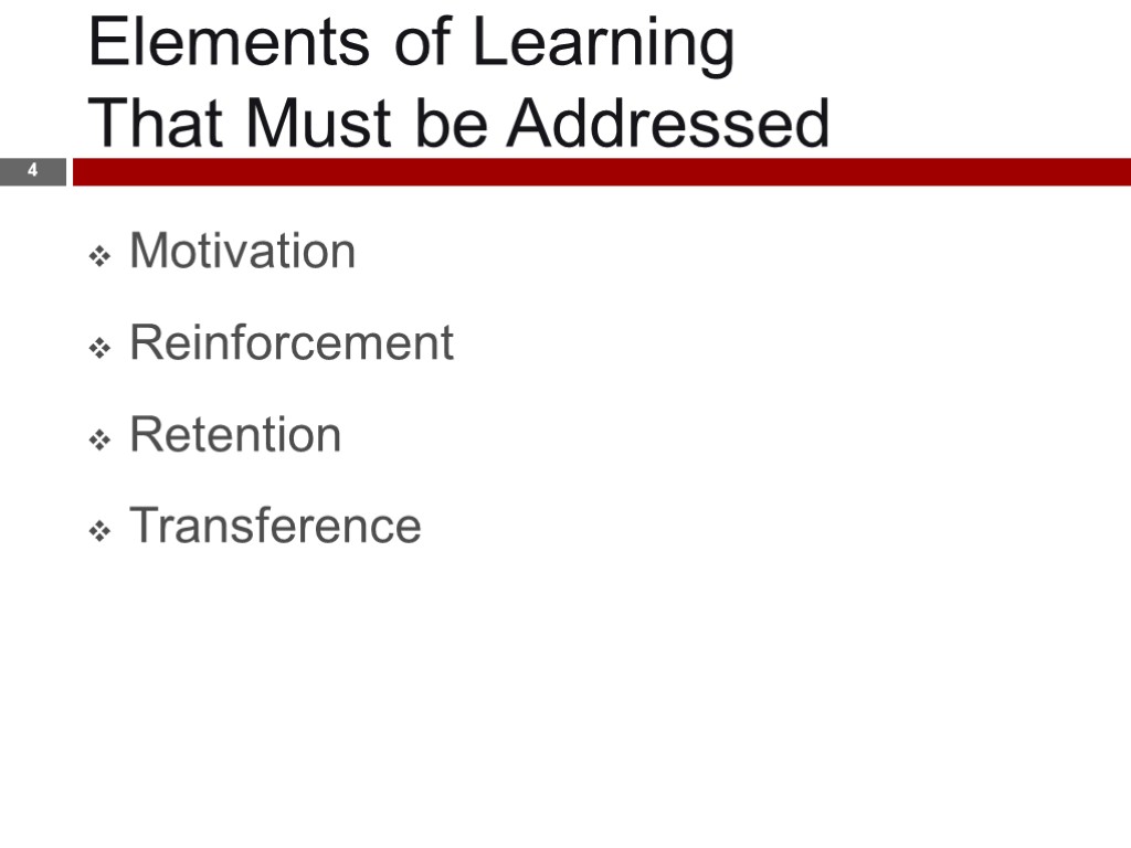 Elements of Learning That Must be Addressed 4 Motivation Reinforcement Retention Transference